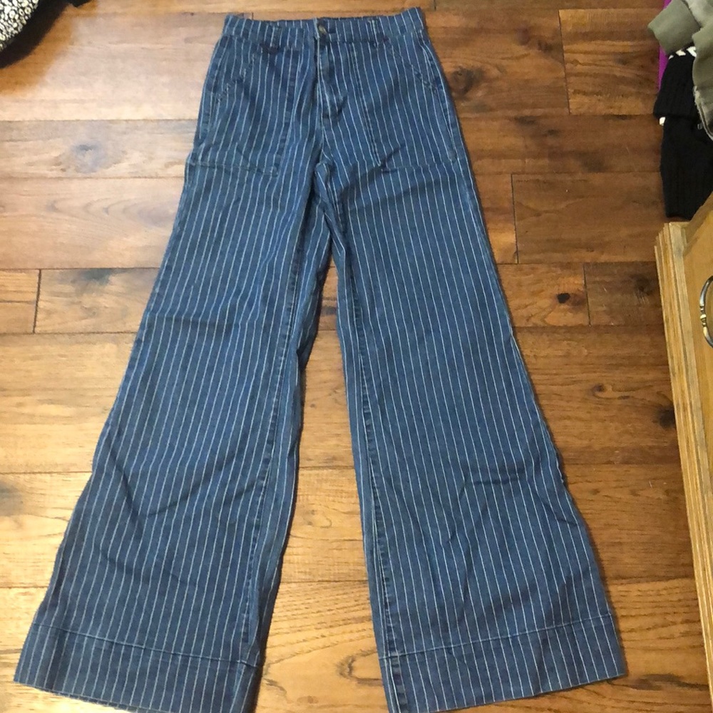 Pin stripe flare high rise jean